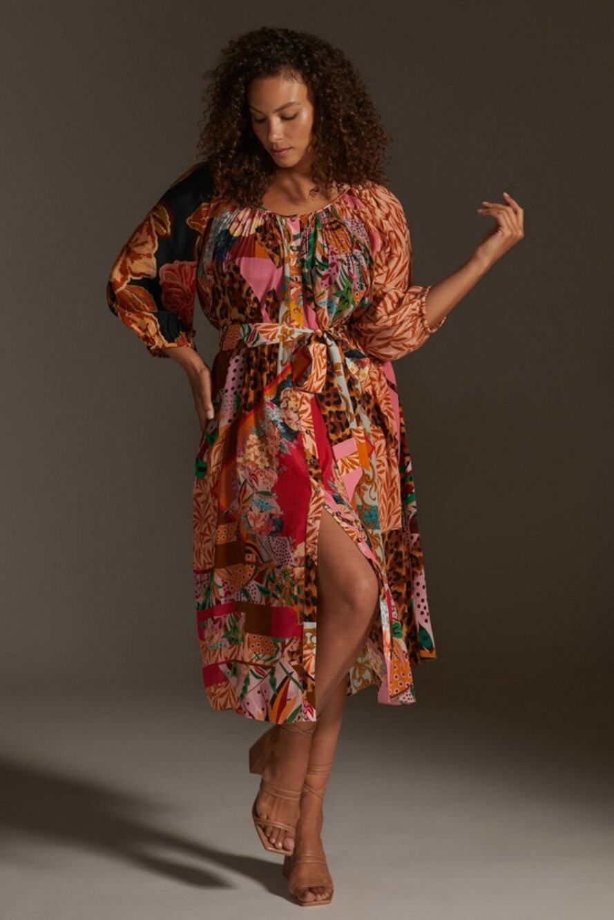Anthropologie Geisha Designs Patchwork BOHO Collage Romantic Midi Dress, Med